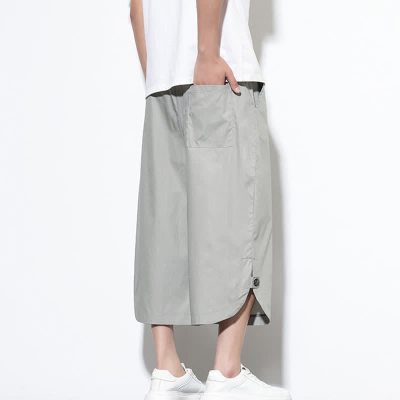 Buddha Stones Pantalones harem de algodón liso para hombre, estilo casual de verano, con cordón ajustable, aberturas laterales y bolsillos. - image 20