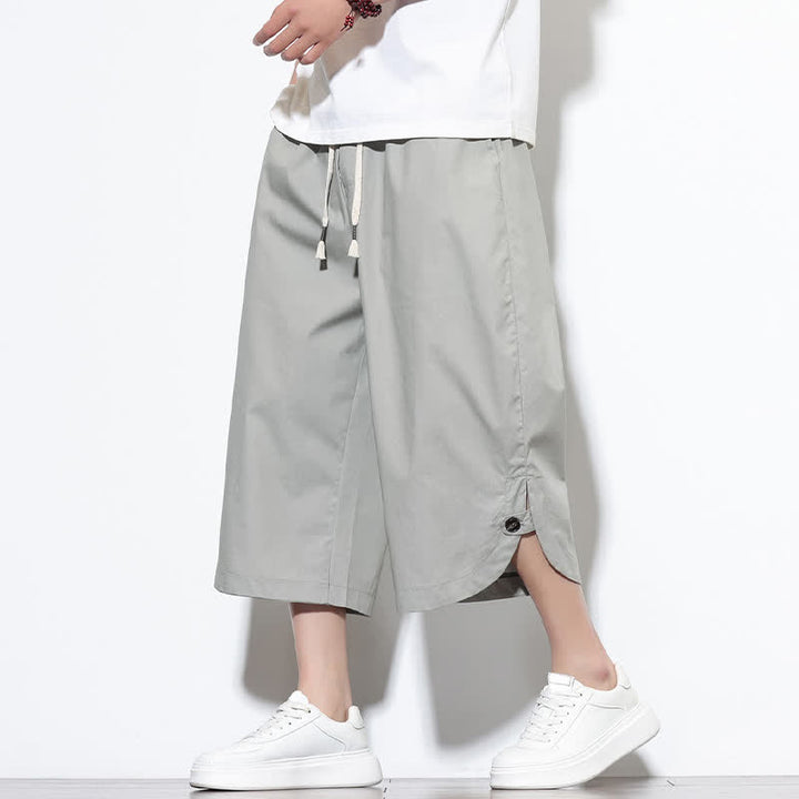 Buddha Stones Pantalones harem de algodón liso para hombre, estilo casual de verano, con cordón ajustable, aberturas laterales y bolsillos. - Gris claro - US/UK/AU48，EU58(5XL) - image 18