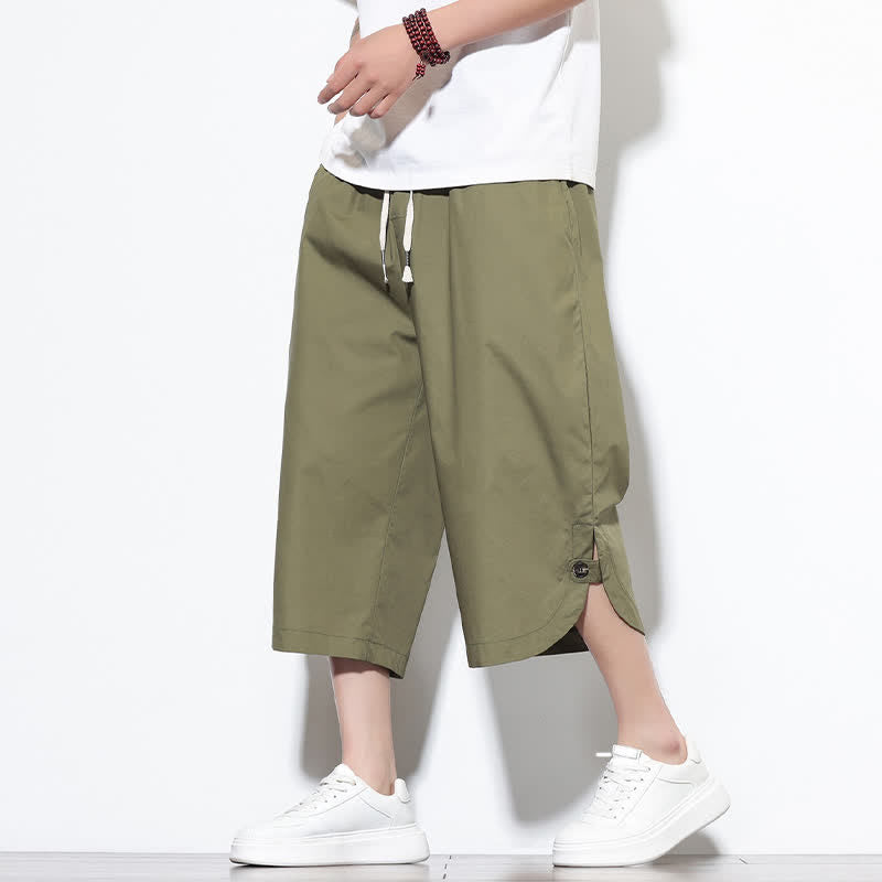 Buddha Stones Pantalones harem de algodón liso para hombre, estilo casual de verano, con cordón ajustable, aberturas laterales y bolsillos. - Verde oliva - US/UK/AU48，EU58(5XL) - image 0