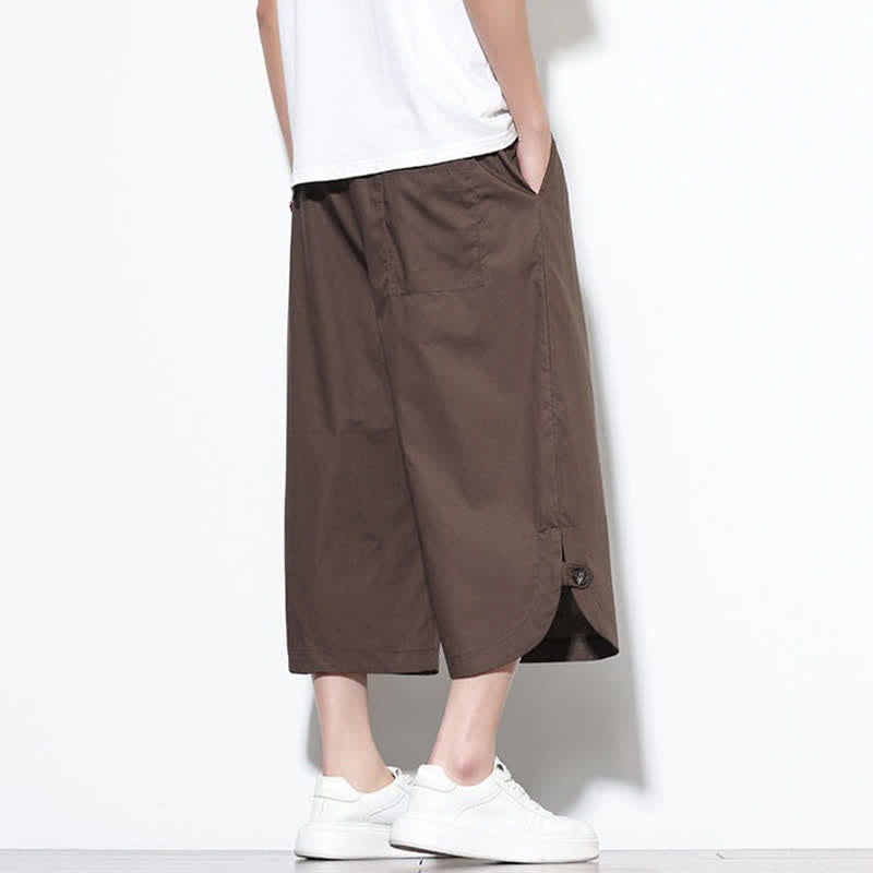 Buddha Stones Pantalones harem de algodón liso para hombre, estilo casual de verano, con cordón ajustable, aberturas laterales y bolsillos. - image 33