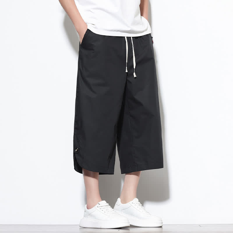 Buddha Stones Pantalones harem de algodón liso para hombre, estilo casual de verano, con cordón ajustable, aberturas laterales y bolsillos. - image 12