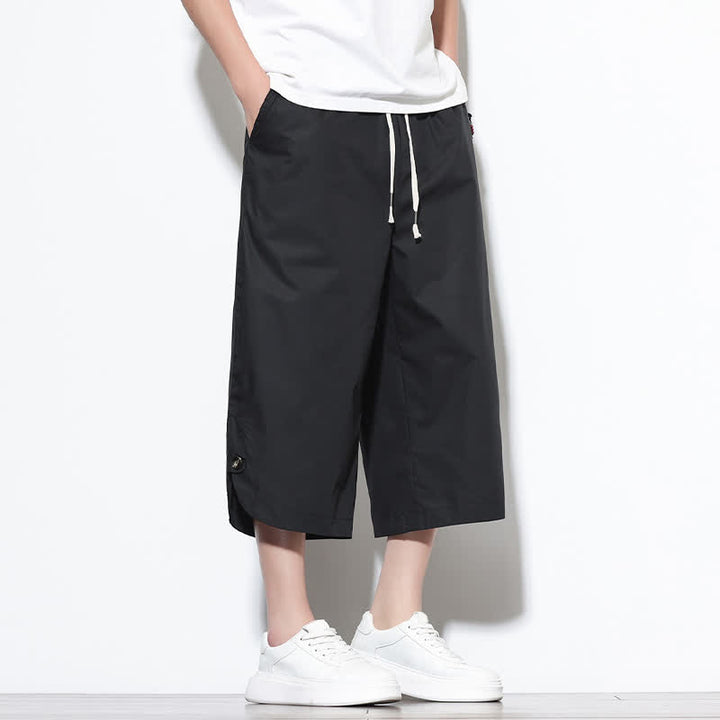 Buddha Stones Pantalones harem de algodón liso para hombre, estilo casual de verano, con cordón ajustable, aberturas laterales y bolsillos. - image 12
