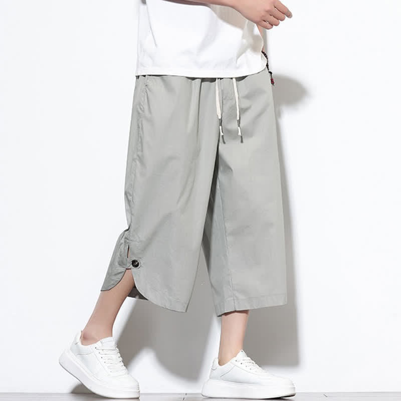 Buddha Stones Pantalones harem de algodón liso para hombre, estilo casual de verano, con cordón ajustable, aberturas laterales y bolsillos. - image 21