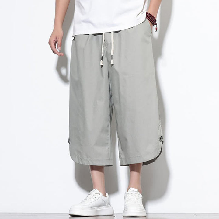 Buddha Stones Pantalones harem de algodón liso para hombre, estilo casual de verano, con cordón ajustable, aberturas laterales y bolsillos. - image 22