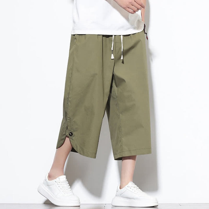 Buddha Stones Pantalones harem de algodón liso para hombre, estilo casual de verano, con cordón ajustable, aberturas laterales y bolsillos. - image 6