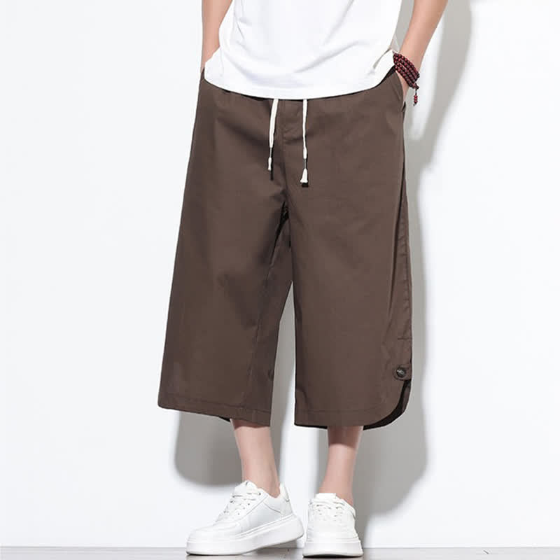 Buddha Stones Pantalones harem de algodón liso para hombre, estilo casual de verano, con cordón ajustable, aberturas laterales y bolsillos. - image 36
