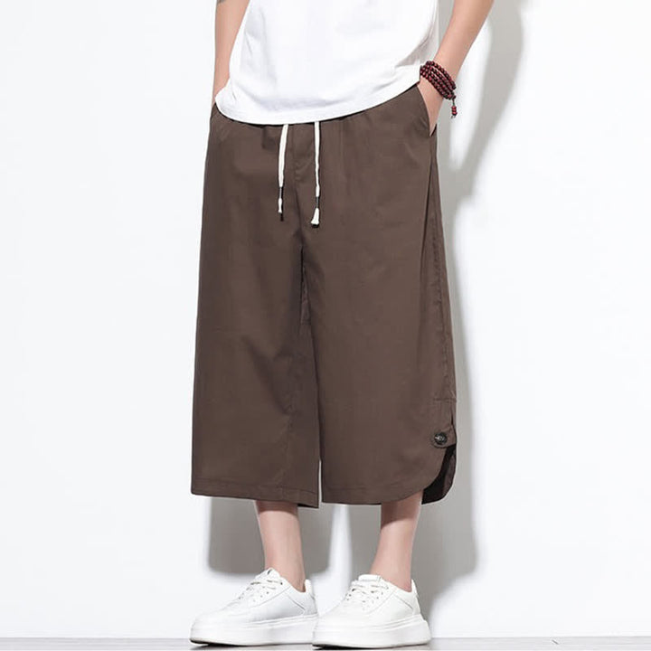 Buddha Stones Pantalones harem de algodón liso para hombre, estilo casual de verano, con cordón ajustable, aberturas laterales y bolsillos. - image 34