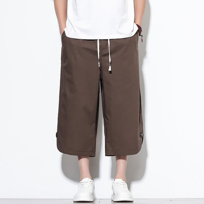 Buddha Stones Pantalones harem de algodón liso para hombre, estilo casual de verano, con cordón ajustable, aberturas laterales y bolsillos. - image 32