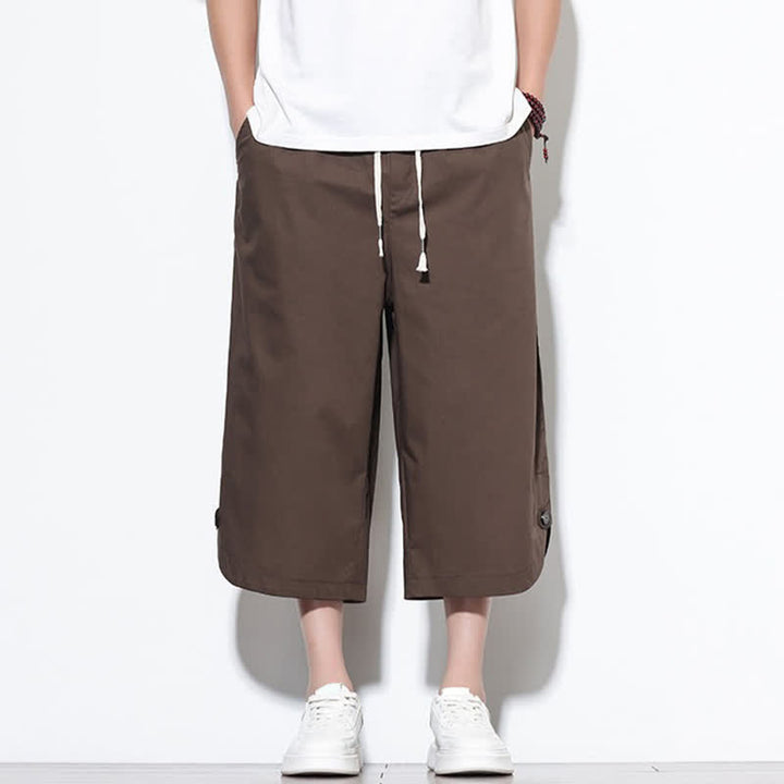 Buddha Stones Pantalones harem de algodón liso para hombre, estilo casual de verano, con cordón ajustable, aberturas laterales y bolsillos. - image 32