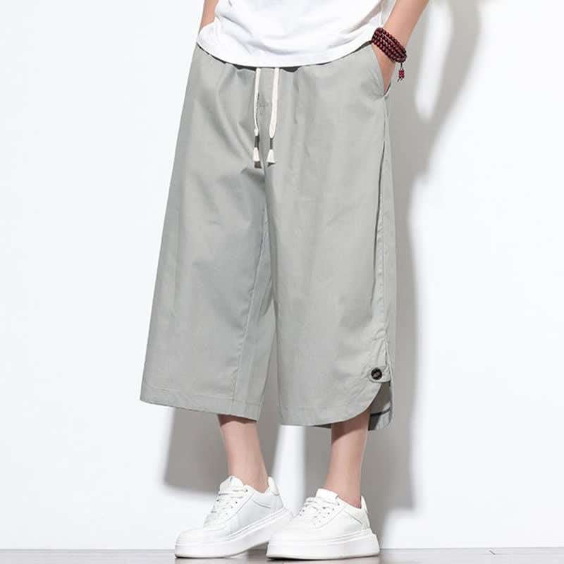Buddha Stones Pantalones harem de algodón liso para hombre, estilo casual de verano, con cordón ajustable, aberturas laterales y bolsillos. - image 24