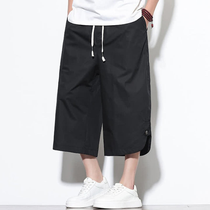 Buddha Stones Pantalones harem de algodón liso para hombre, estilo casual de verano, con cordón ajustable, aberturas laterales y bolsillos. - image 15