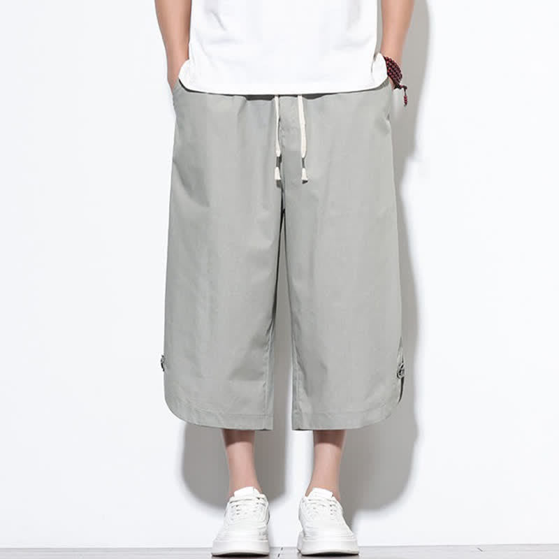 Buddha Stones Pantalones harem de algodón liso para hombre, estilo casual de verano, con cordón ajustable, aberturas laterales y bolsillos. - image 19