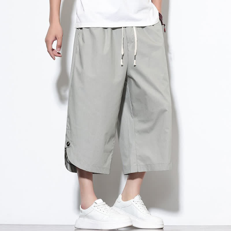 Buddha Stones Pantalones harem de algodón liso para hombre, estilo casual de verano, con cordón ajustable, aberturas laterales y bolsillos. - image 25