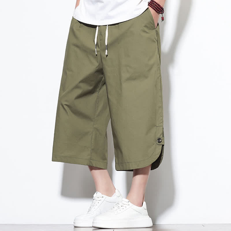 Buddha Stones Pantalones harem de algodón liso para hombre, estilo casual de verano, con cordón ajustable, aberturas laterales y bolsillos. - image 5