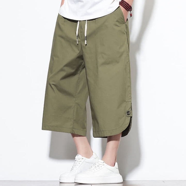 Buddha Stones Pantalones harem de algodón liso para hombre, estilo casual de verano, con cordón ajustable, aberturas laterales y bolsillos. - image 5
