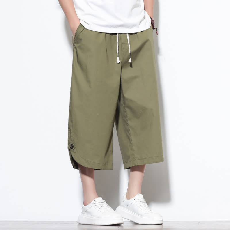 Buddha Stones Pantalones harem de algodón liso para hombre, estilo casual de verano, con cordón ajustable, aberturas laterales y bolsillos. - image 8