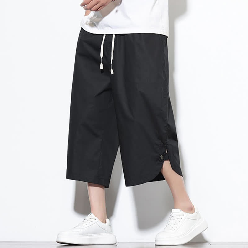 Buddha Stones Pantalones harem de algodón liso para hombre, estilo casual de verano, con cordón ajustable, aberturas laterales y bolsillos. - Negro - US/UK/AU48，EU58(5XL) - image 9