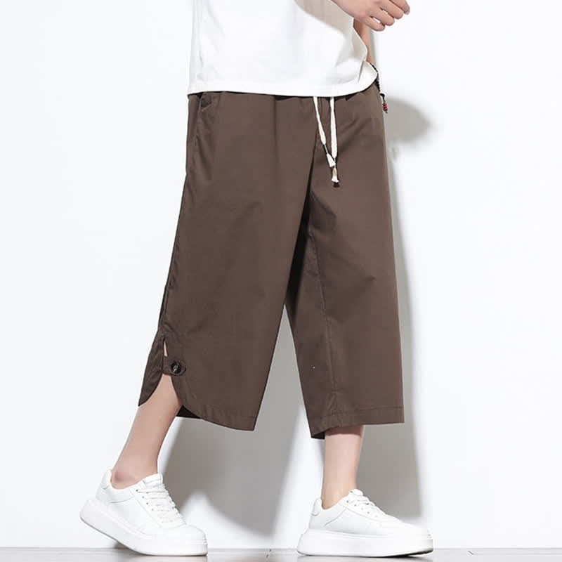 Buddha Stones Pantalones harem de algodón liso para hombre, estilo casual de verano, con cordón ajustable, aberturas laterales y bolsillos. - image 37