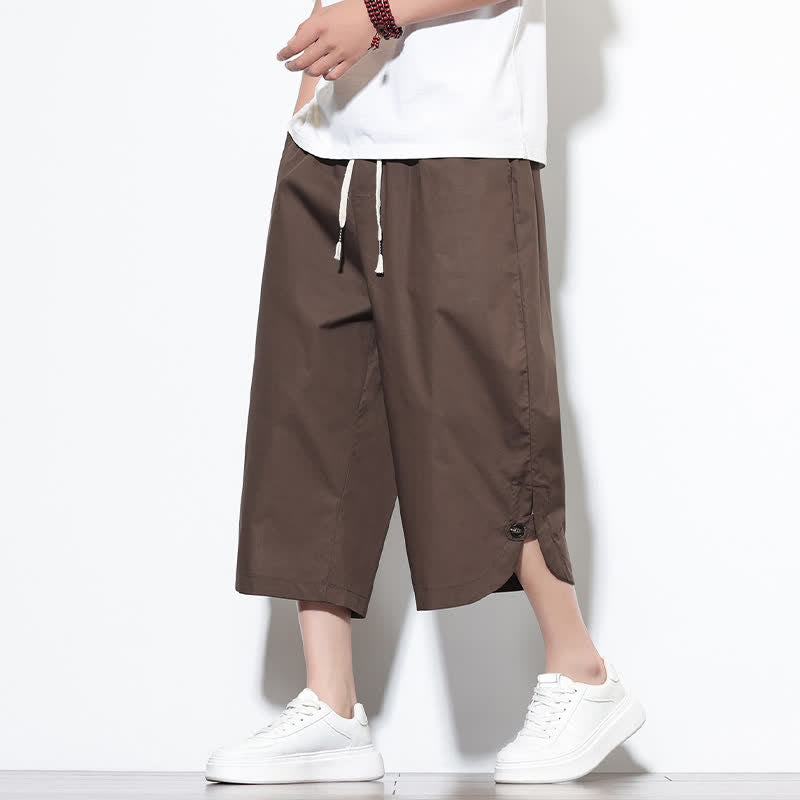 Buddha Stones Pantalones harem de algodón liso para hombre, estilo casual de verano, con cordón ajustable, aberturas laterales y bolsillos. - Marrón silla de montar - US/UK/AU48，EU58(5XL) - image 31