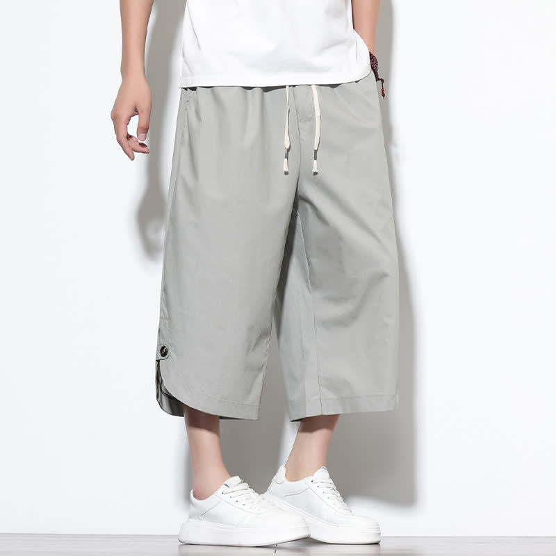 Buddha Stones Pantalones harem de algodón liso para hombre, estilo casual de verano, con cordón ajustable, aberturas laterales y bolsillos. - image 23