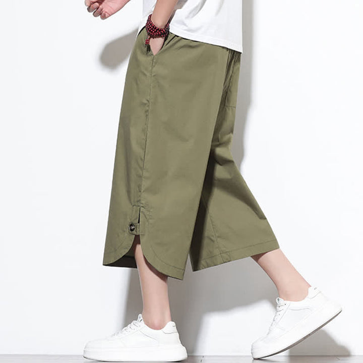 Buddha Stones Pantalones harem de algodón liso para hombre, estilo casual de verano, con cordón ajustable, aberturas laterales y bolsillos. - image 4