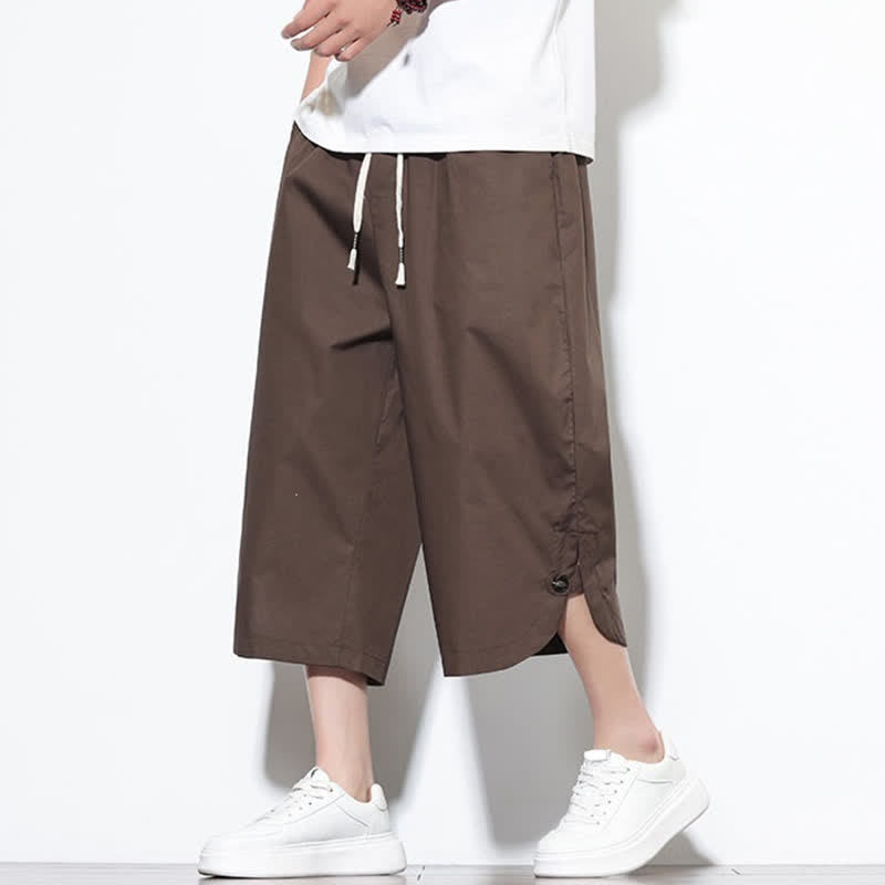 Buddha Stones Pantalones harem de algodón liso para hombre, estilo casual de verano, con cordón ajustable, aberturas laterales y bolsillos. - image 35