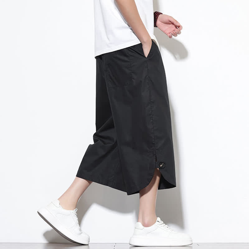 Buddha Stones Pantalones harem de algodón liso para hombre, estilo casual de verano, con cordón ajustable, aberturas laterales y bolsillos. - image 16