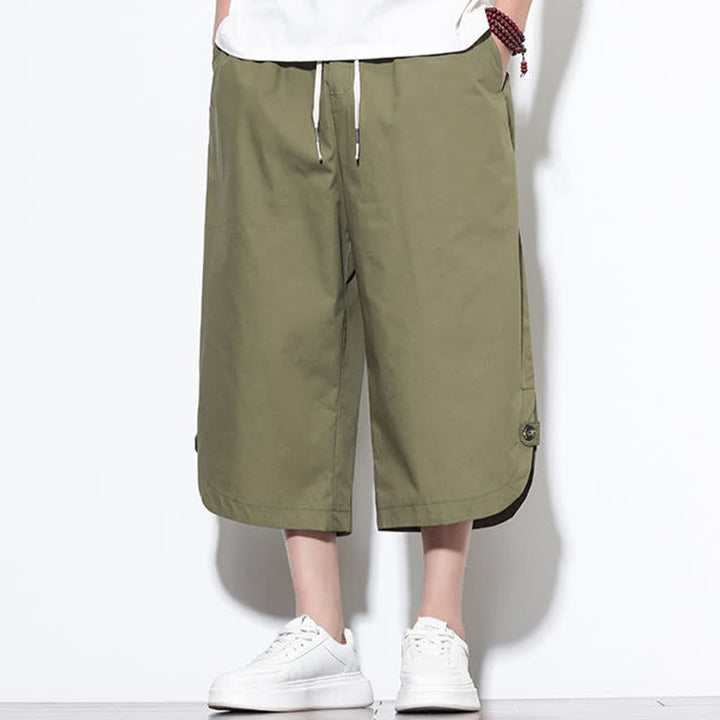 Buddha Stones Pantalones harem de algodón liso para hombre, estilo casual de verano, con cordón ajustable, aberturas laterales y bolsillos. - image 3