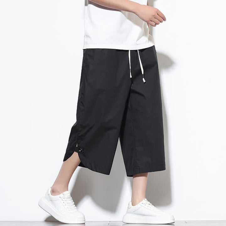 Buddha Stones Pantalones harem de algodón liso para hombre, estilo casual de verano, con cordón ajustable, aberturas laterales y bolsillos. - image 17