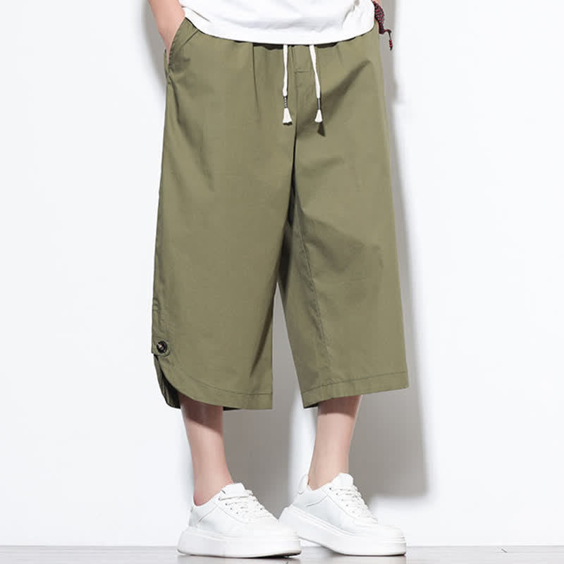 Buddha Stones Pantalones harem de algodón liso para hombre, estilo casual de verano, con cordón ajustable, aberturas laterales y bolsillos. - image 7