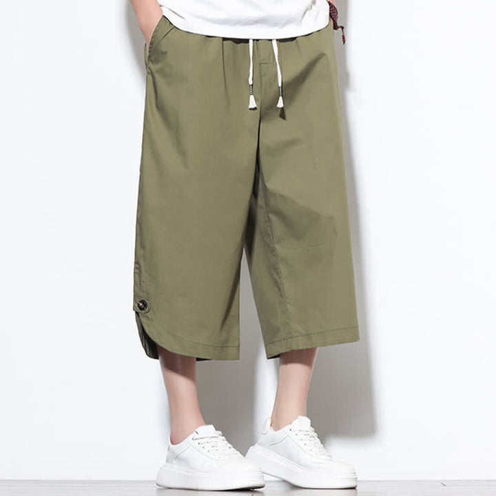 Buddha Stones Pantalones harem de algodón liso para hombre, estilo casual de verano, con cordón ajustable, aberturas laterales y bolsillos. - image 7