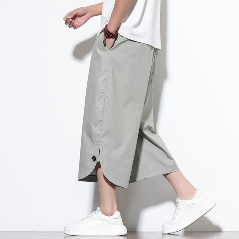 Buddha Stones Pantalones harem de algodón liso para hombre, estilo casual de verano, con cordón ajustable, aberturas laterales y bolsillos. - image 26