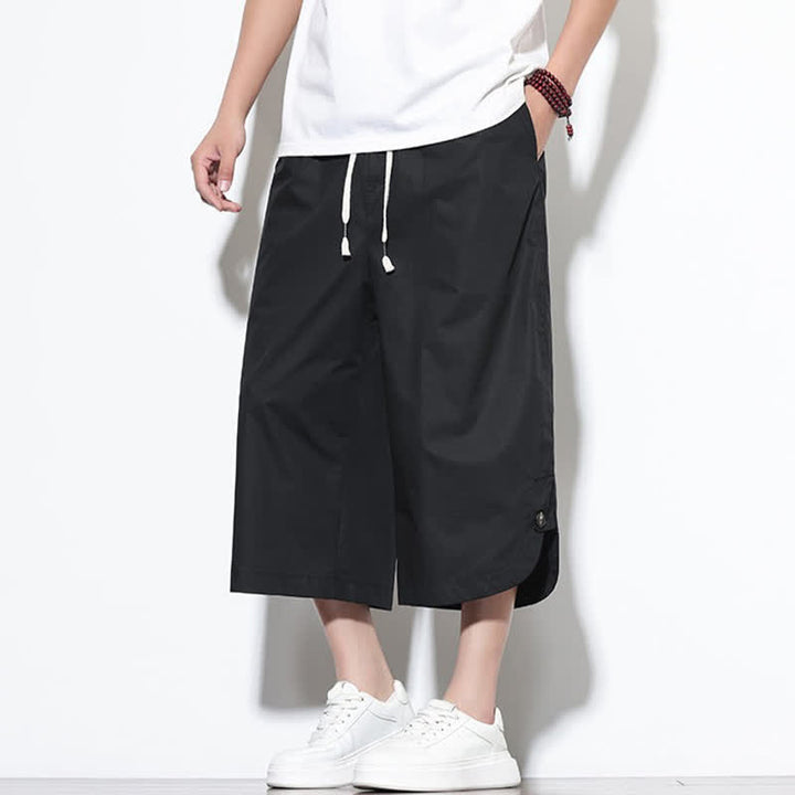 Buddha Stones Pantalones harem de algodón liso para hombre, estilo casual de verano, con cordón ajustable, aberturas laterales y bolsillos. - image 14