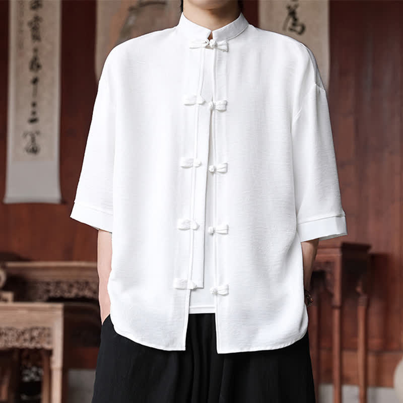 Buddha Stones Camisas de manga hasta el codo para hombre, estilo Summer Tang, con cuello mandarín y botones de rana. - Blanco - US/UK/AU46, EU56 (5XL) - image 6