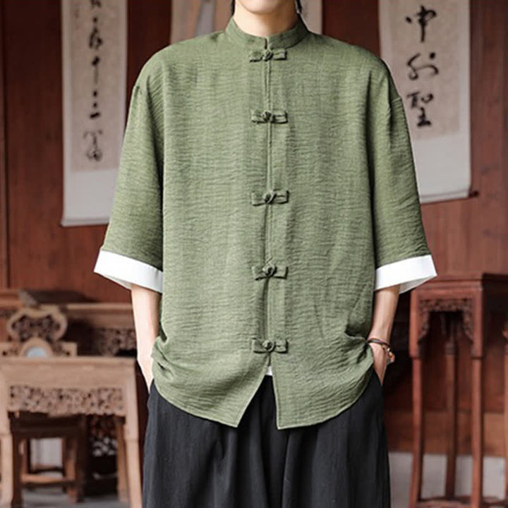 Buddha Stones Camisas de manga hasta el codo para hombre, estilo Summer Tang, con cuello mandarín y botones de rana. - Verde oliva - US/UK/AU46, EU56 (5XL) - image 0