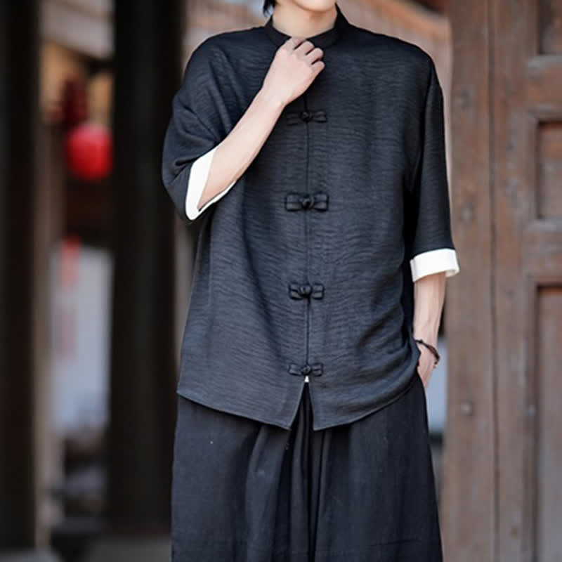 Buddha Stones Camisas de manga hasta el codo para hombre, estilo Summer Tang, con cuello mandarín y botones de rana. - image 13