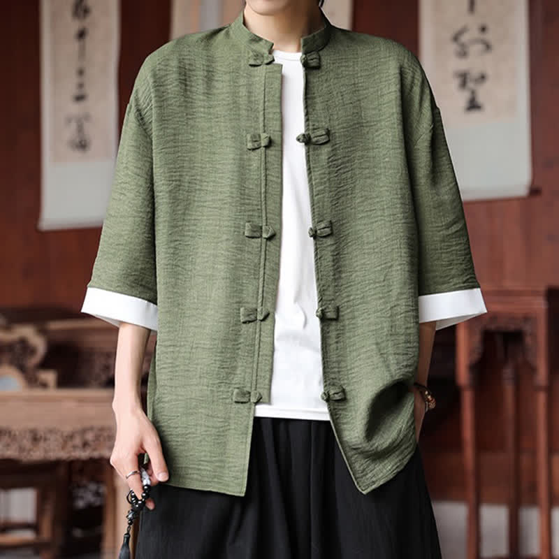 Buddha Stones Camisas de manga hasta el codo para hombre, estilo Summer Tang, con cuello mandarín y botones de rana. - image 5