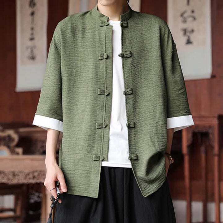 Buddha Stones Camisas de manga hasta el codo para hombre, estilo Summer Tang, con cuello mandarín y botones de rana. - image 5