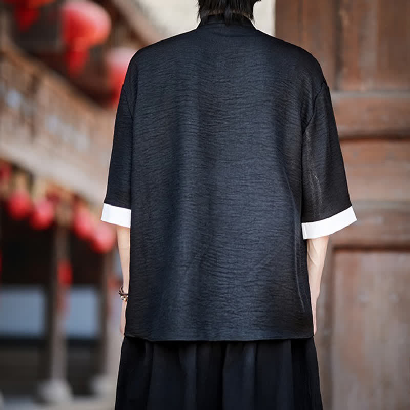 Buddha Stones Camisas de manga hasta el codo para hombre, estilo Summer Tang, con cuello mandarín y botones de rana. - image 11