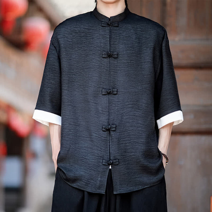 Buddha Stones Camisas de manga hasta el codo para hombre, estilo Summer Tang, con cuello mandarín y botones de rana. - Negro - US/UK/AU46, EU56 (5XL) - image 10