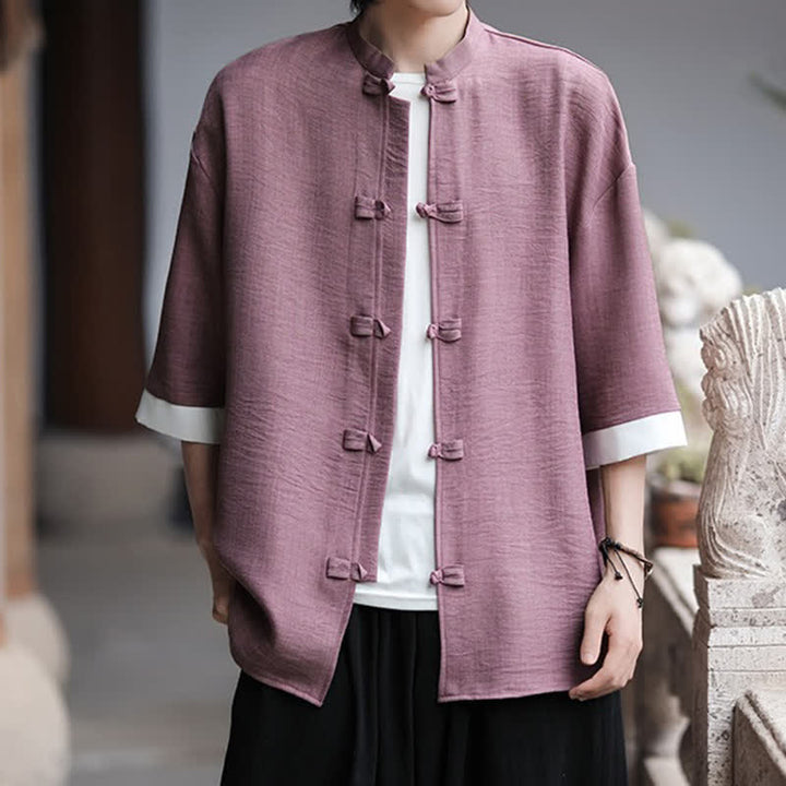 Buddha Stones Camisas de manga hasta el codo para hombre, estilo Summer Tang, con cuello mandarín y botones de rana. - image 17