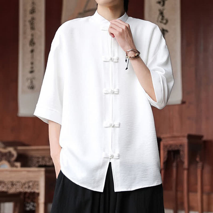 Buddha Stones Camisas de manga hasta el codo para hombre, estilo Summer Tang, con cuello mandarín y botones de rana. - image 9