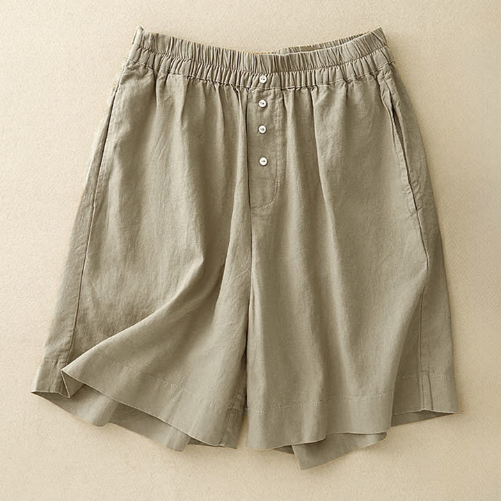 Buddha Stones Shorts minimalistas de verano para mujer con cintura elástica, botones y bolsillos. - Caqui oscuro - US12, UK/AU16, EU44 (2XL) - image 0