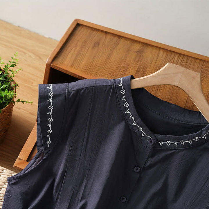 Buddha Stones Camisas sin mangas de verano para mujer, de color liso y cuello redondo, con botones. - image 10