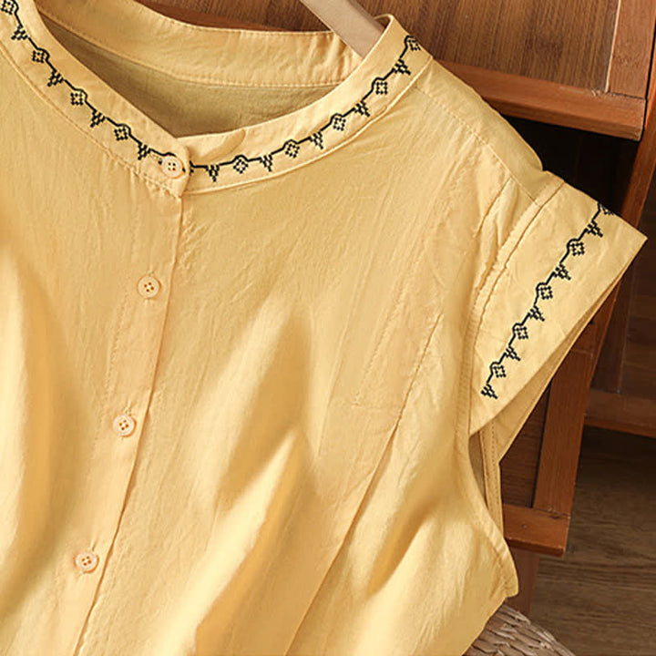 Buddha Stones Camisas sin mangas de verano para mujer, de color liso y cuello redondo, con botones. - image 3