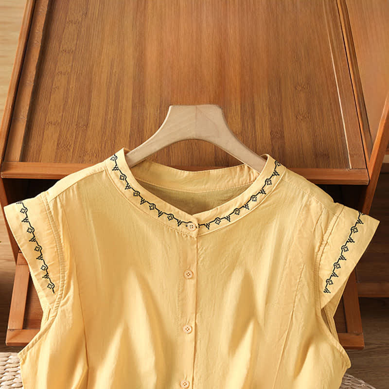 Buddha Stones Camisas sin mangas de verano para mujer, de color liso y cuello redondo, con botones. - image 1
