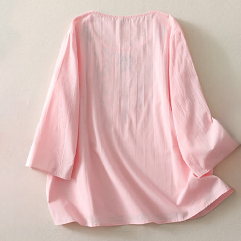 Buddha Stones Camisas de manga tres cuartos para mujer con bordado floral y abertura lateral para primavera - image 11