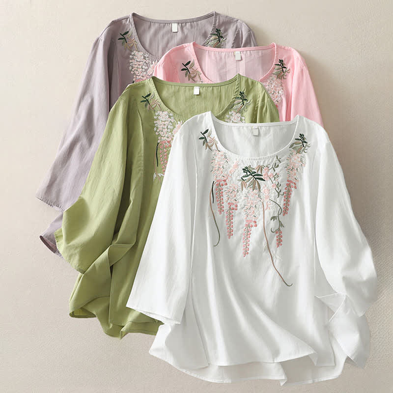 Buddha Stones Camisas de manga tres cuartos para mujer con bordado floral y abertura lateral para primavera - image 29
