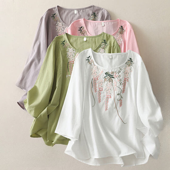 Buddha Stones Camisas de manga tres cuartos para mujer con bordado floral y abertura lateral para primavera - image 29