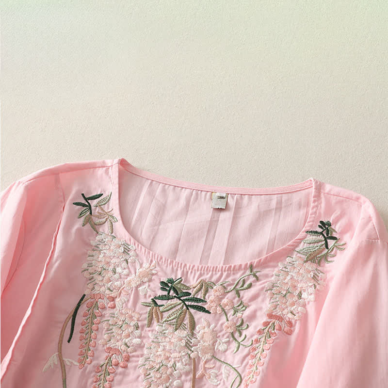 Buddha Stones Camisas de manga tres cuartos para mujer con bordado floral y abertura lateral para primavera - image 12